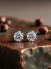 Pair of moissanite stud earrings on a rock with a blurred background