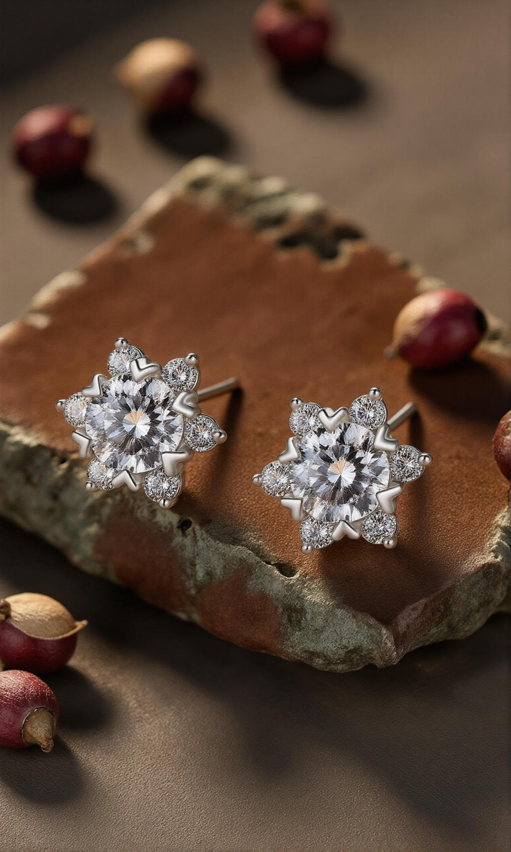 Star-shaped moissanite earrings on a rustic wooden surface with red fruits.