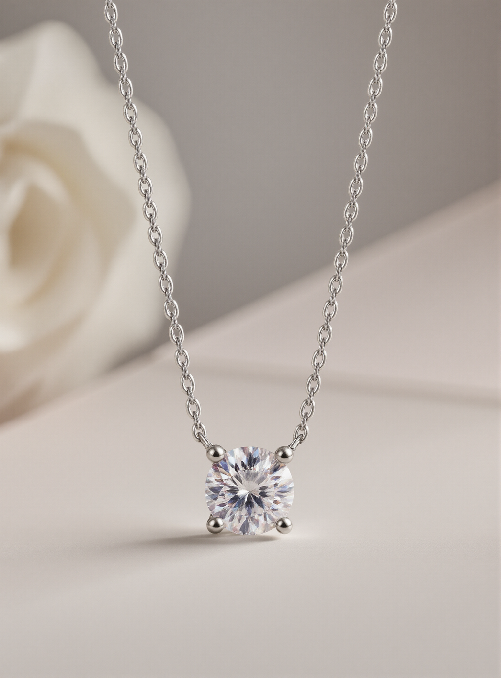 Silver necklace with a round moissanite pendant on a soft background