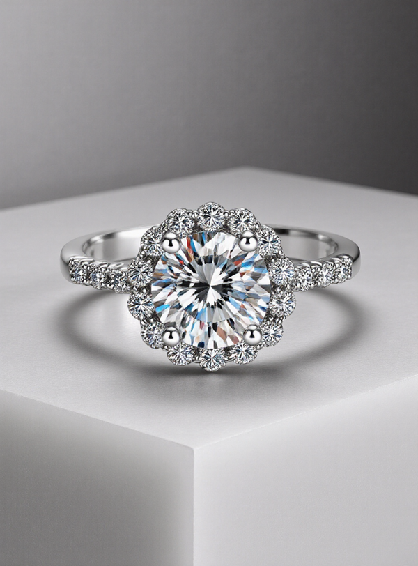 moissanite ring with a gray background