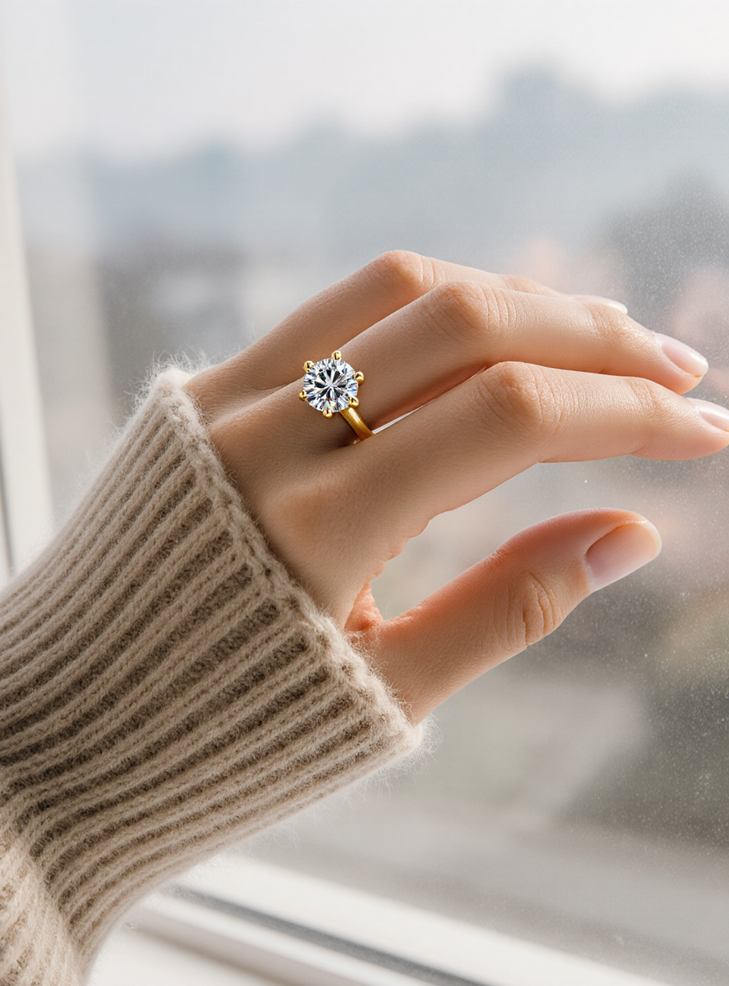 Hand wearing a gold ring with a moissanite, blurred background