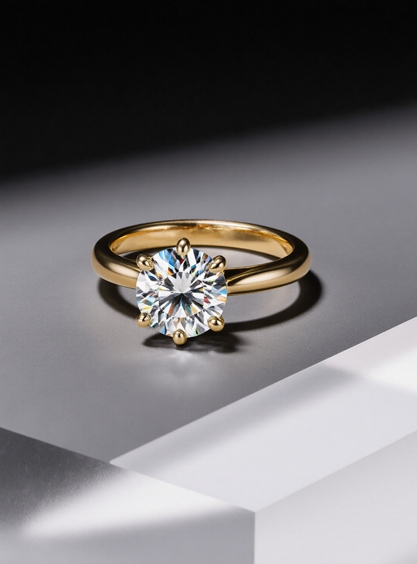 Gold ring with a large moissanite on a gray surface